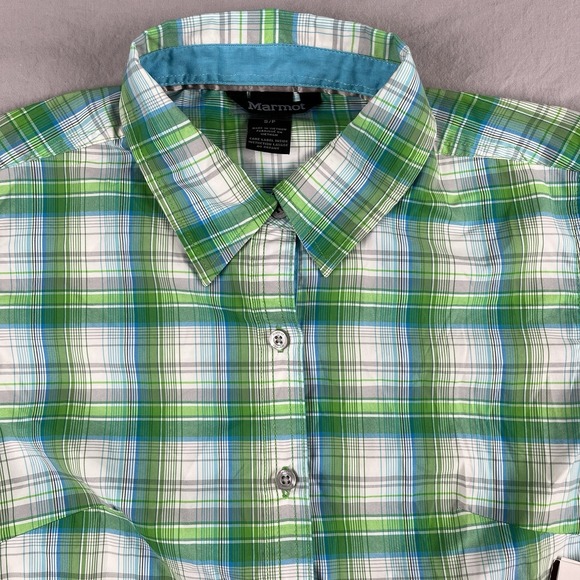 MARMOT Button Up Shirt Women Small Bright Grass Plaid Roll Up Tab UPF 30 Nylon - Picture 2 of 16